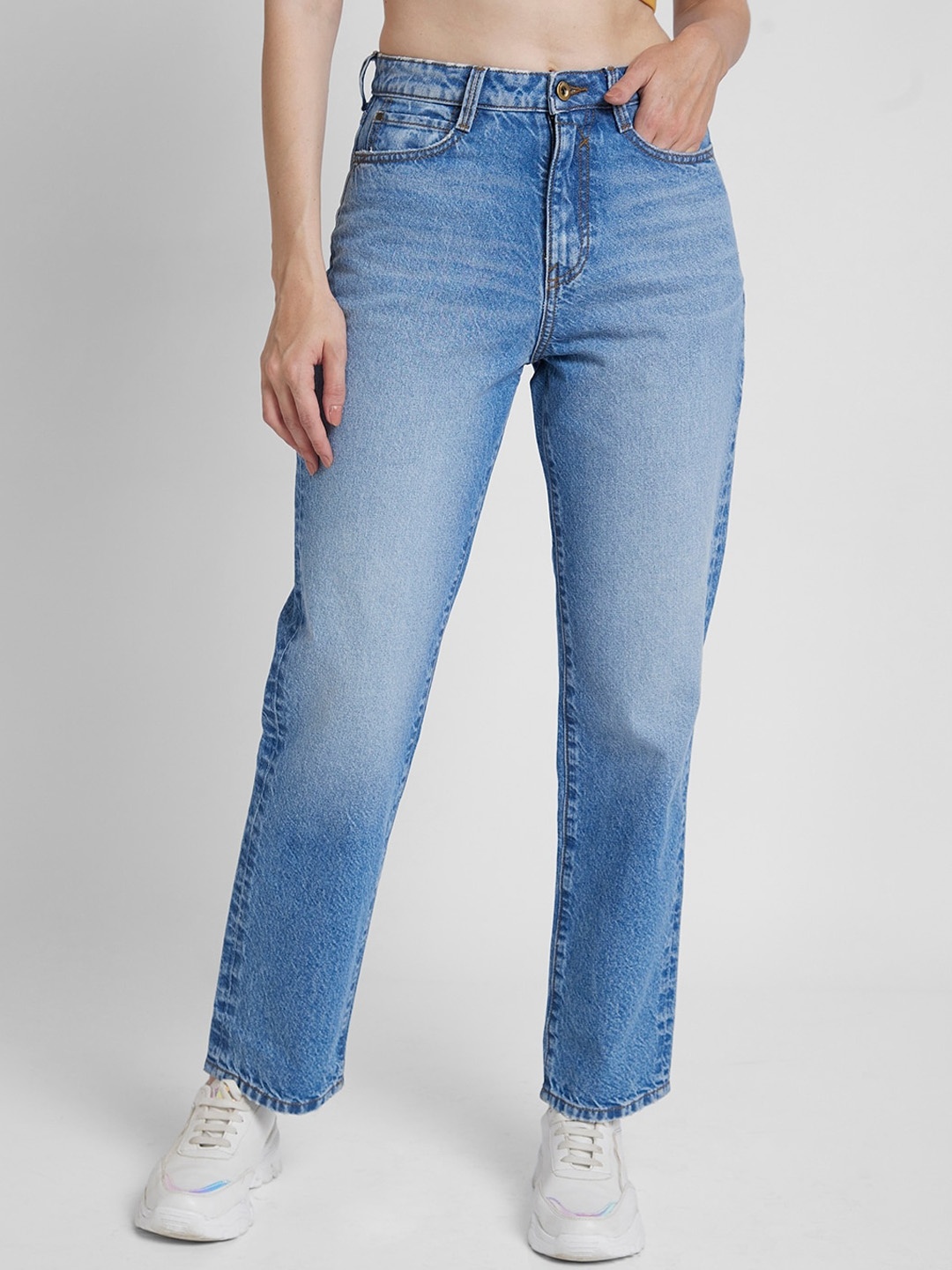 

SPYKAR Women Wide Leg High-Rise Heavy Fade Cotton Jeans, Blue