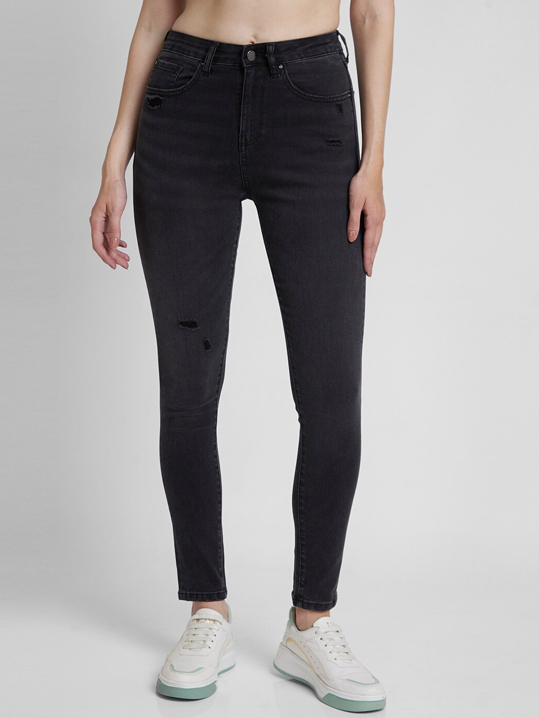 

SPYKAR Women Super Skinny Fit High-Rise Stretchable Low Distressed Jeans, Black