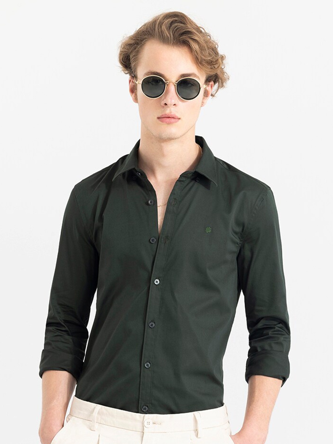 

Snitch Olive Green Classic Slim Fit Casual Shirt