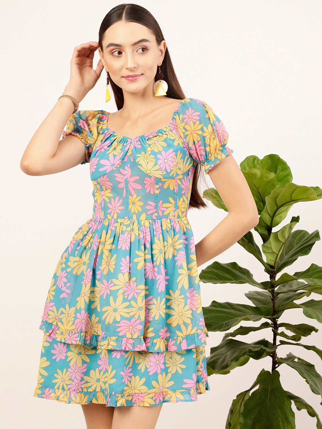 STREET 9 Blue & Mustard Floral Printed Sweetheart Georgette Fit & Flare Dress