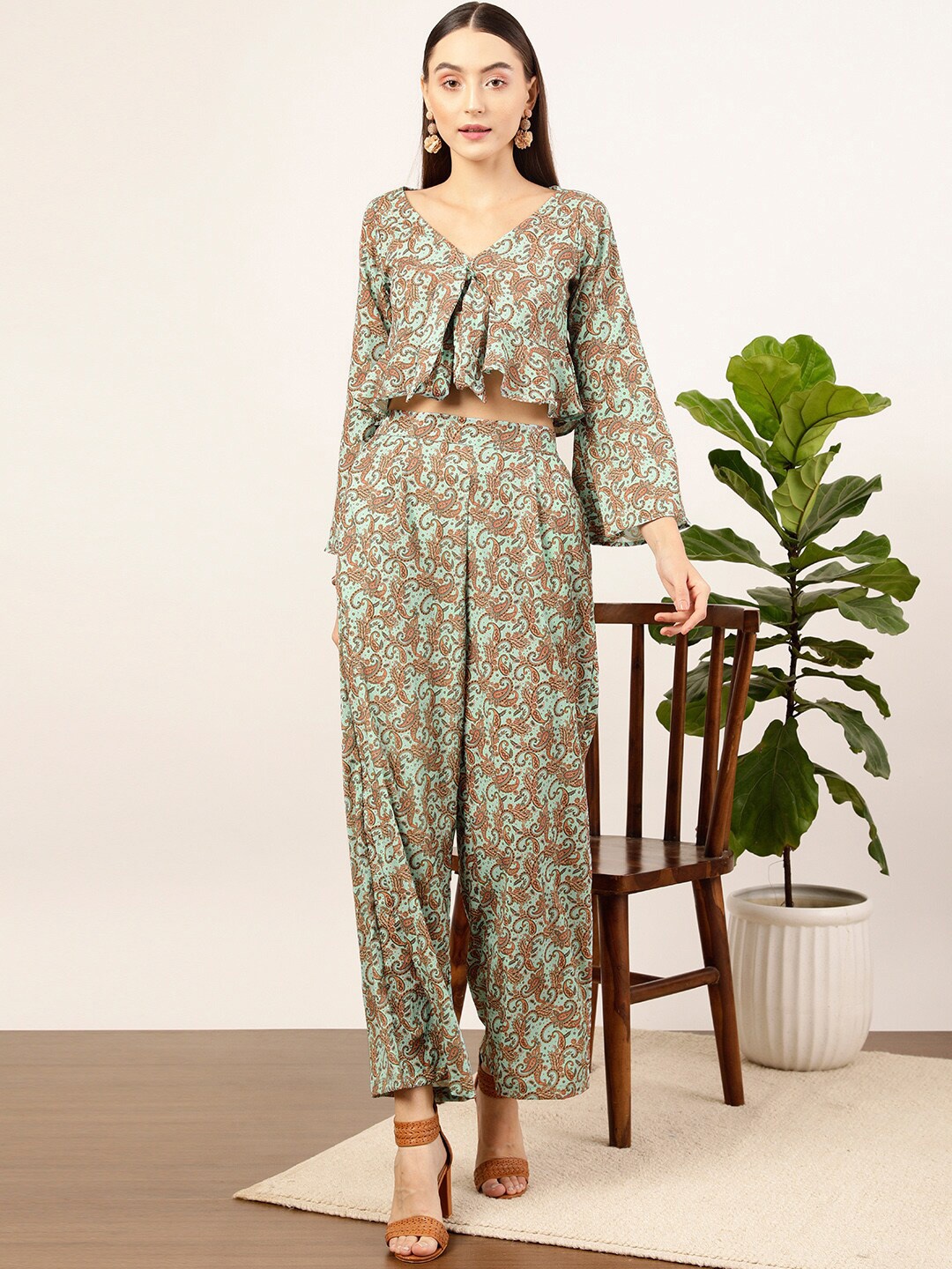 

STREET 9 Green Floral Printed V-Neck Top & Palazzos