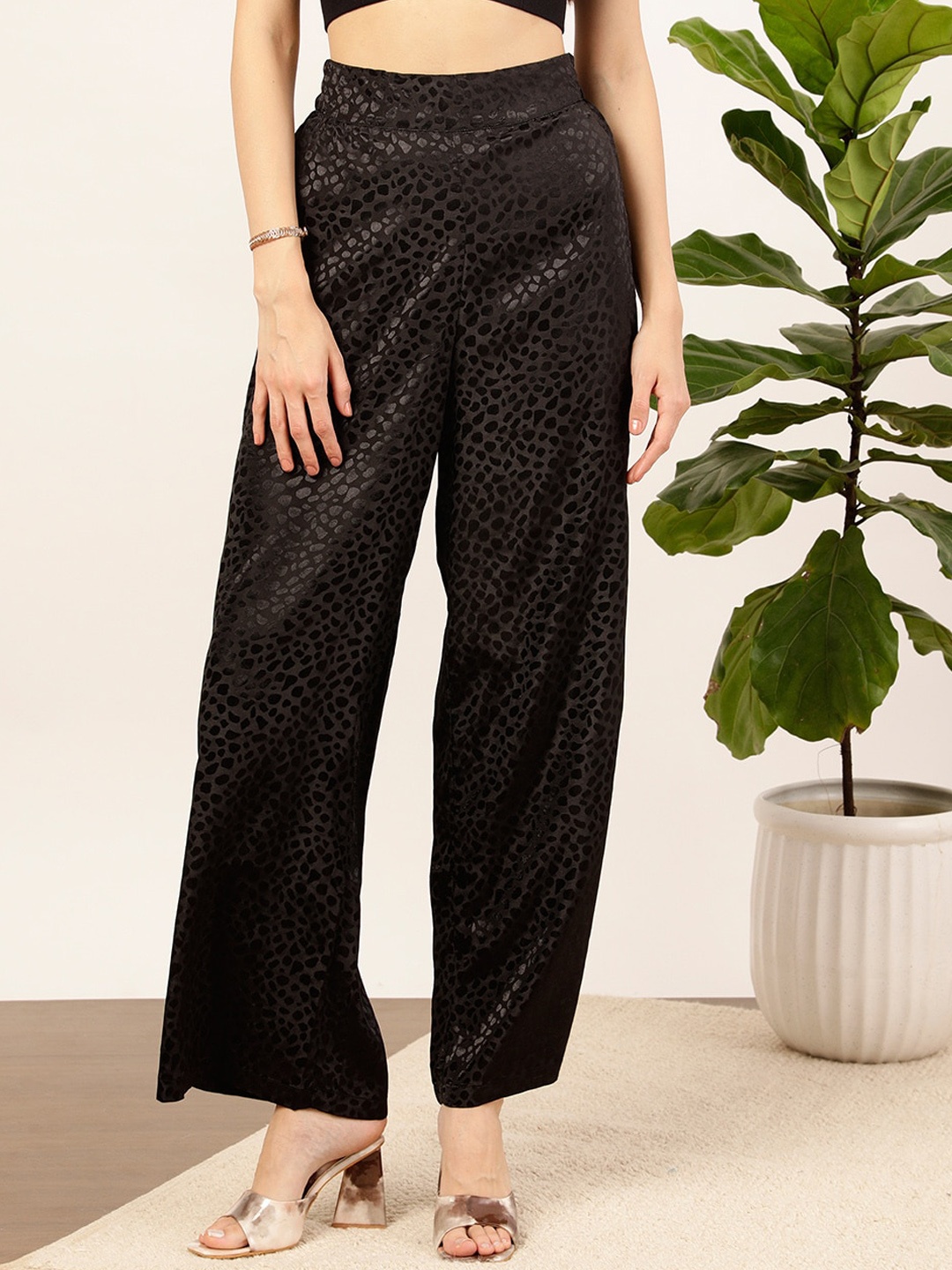 

STREET 9 Women Black Textured Relaxed Straight Fit High-Rise Trousers