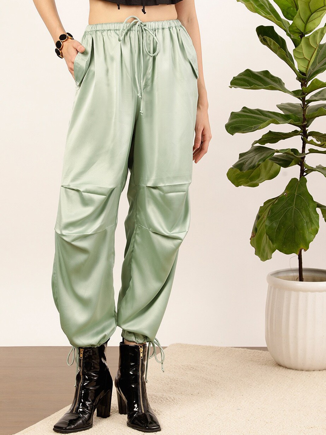 

STREET 9 Women Green Relaxed Loose Fit High-Rise Trousers