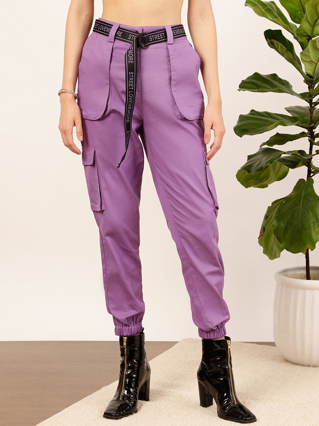 

STREET 9 Women Lavender Relaxed Fit High-Rise Pure Cotton Cargo Trousers