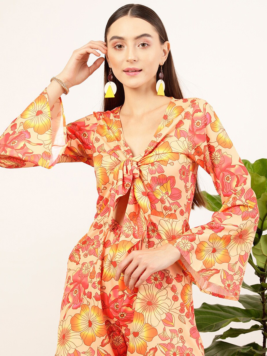 

STREET 9 Floral Printed Tie Up Neck Jumpsuit, Orange