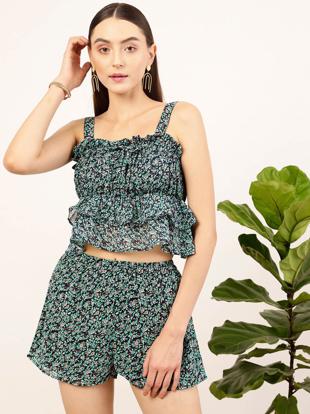 

STREET 9 Floral Printed Top & Shorts Co-Ords Set, Black