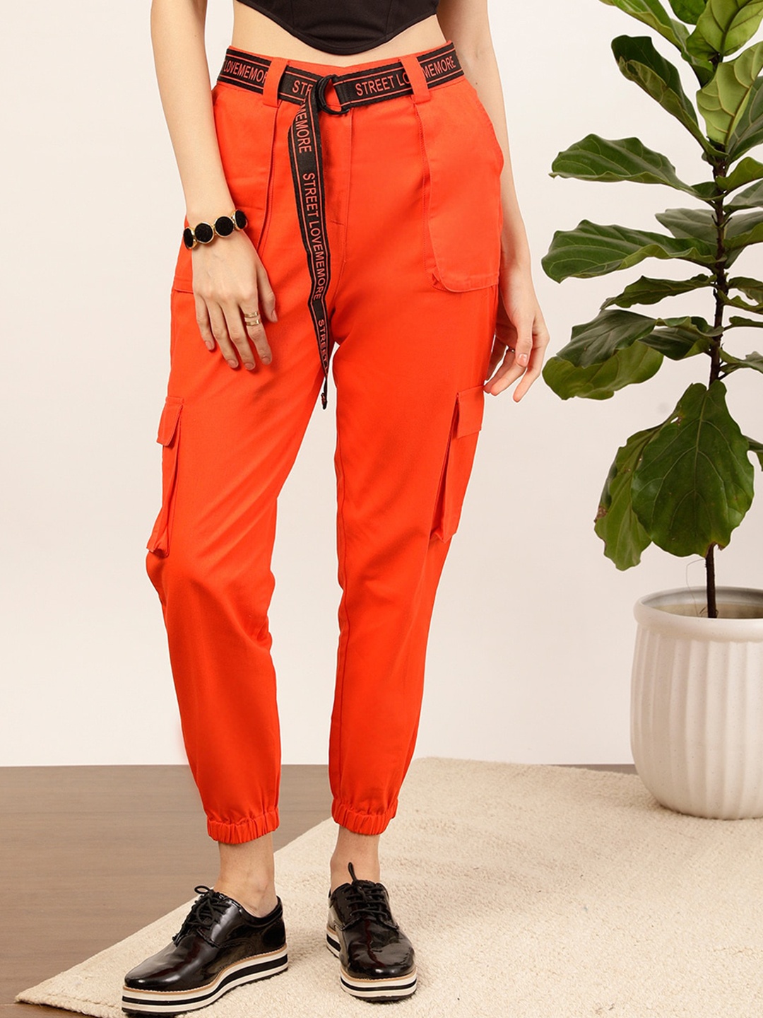 

STREET 9 Women Relaxed High-Rise Pure Cotton Cargo Joggers, Orange