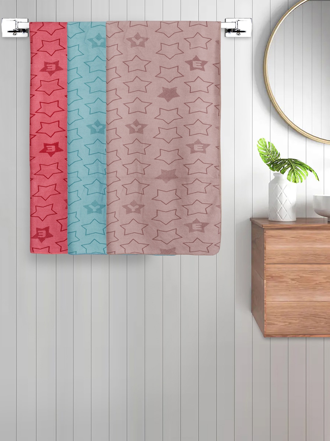 

FABINALIV Green & Red Kids 3 Pieces Geometric Printed Cotton 350 GSM Bath Towels