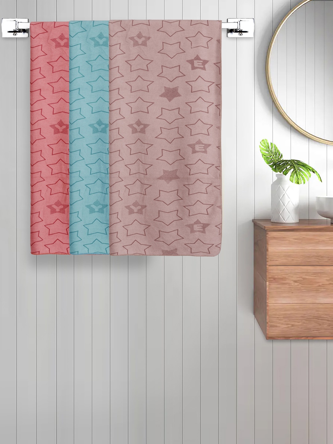 

FABINALIV Green & Red Kids 3 Pieces Geometric Printed Cotton 350 GSM Bath Towels