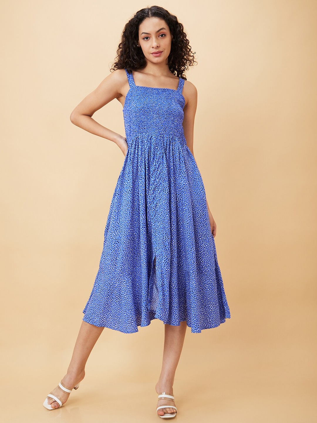 

Globus Geometric Printed Smocked Fit & Flare Midi Dress, Blue