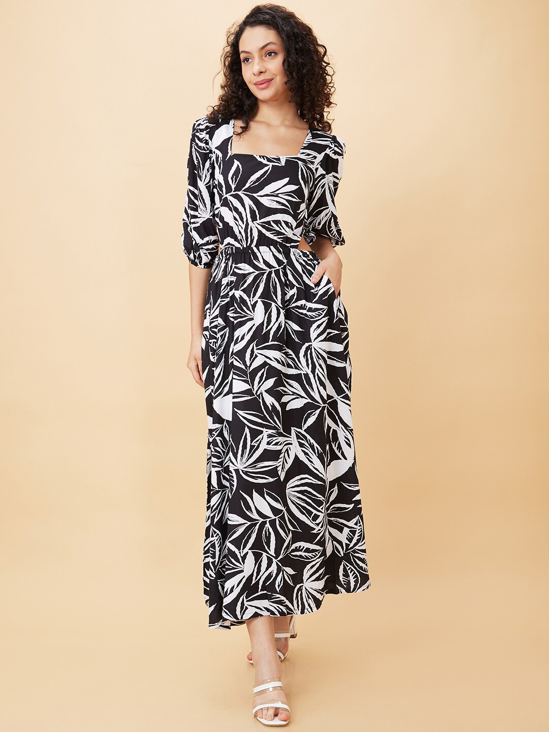 

Globus Floral Printed Puff Sleeve Cut Outs Maxi Dress, Black