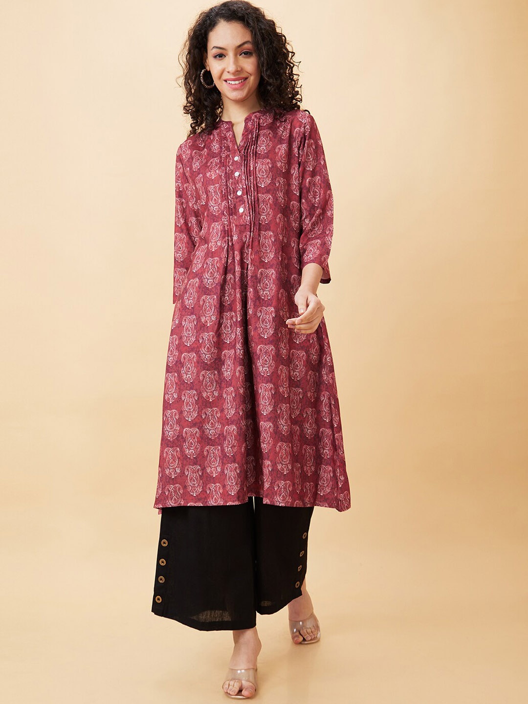 

Globus Ethnic Motifs Printed Mandarin Collar A-Line Kurta, Maroon