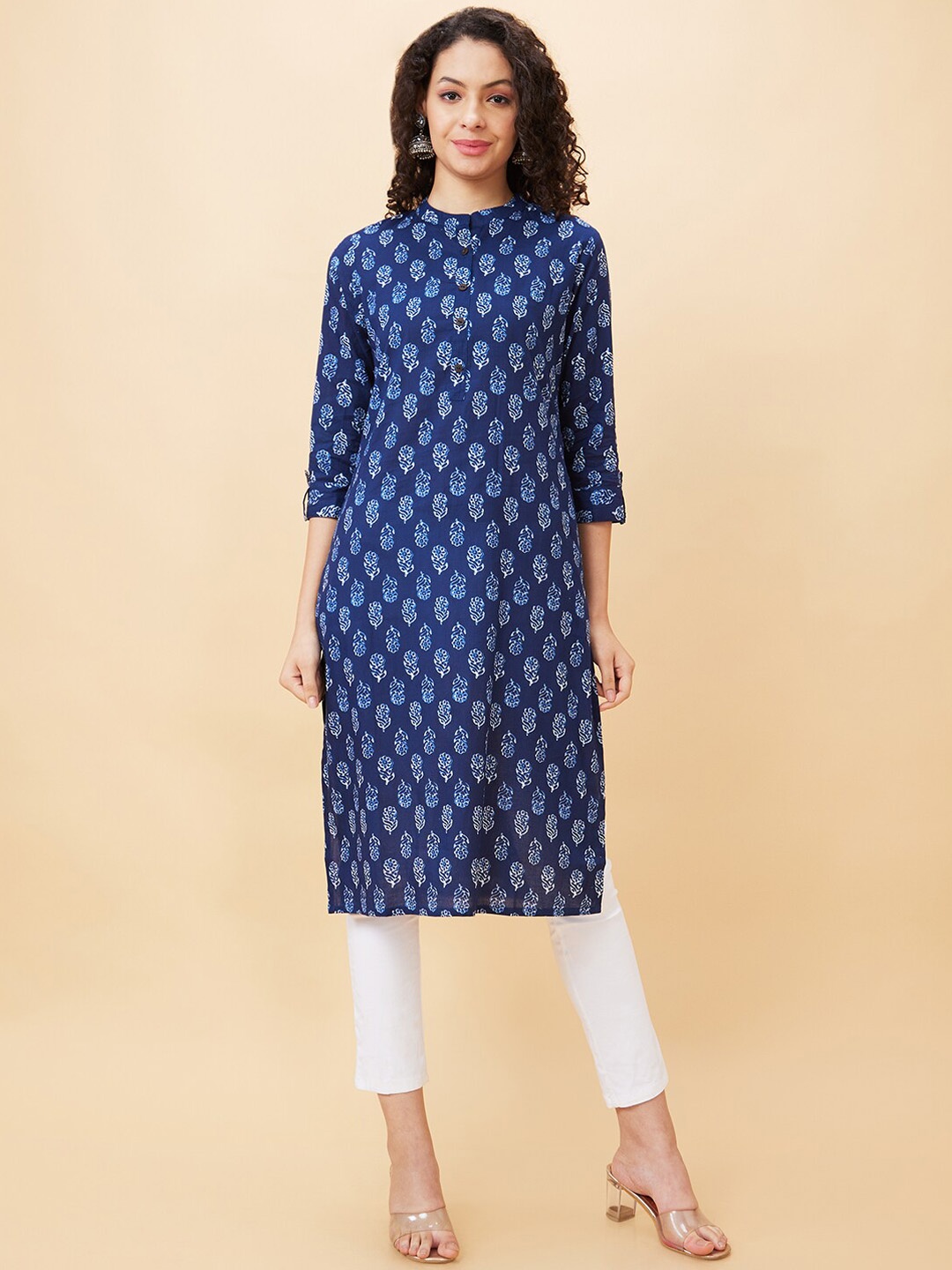 

Globus Ethnic Motifs Printed Pure Cotton Straight Kurta, Blue