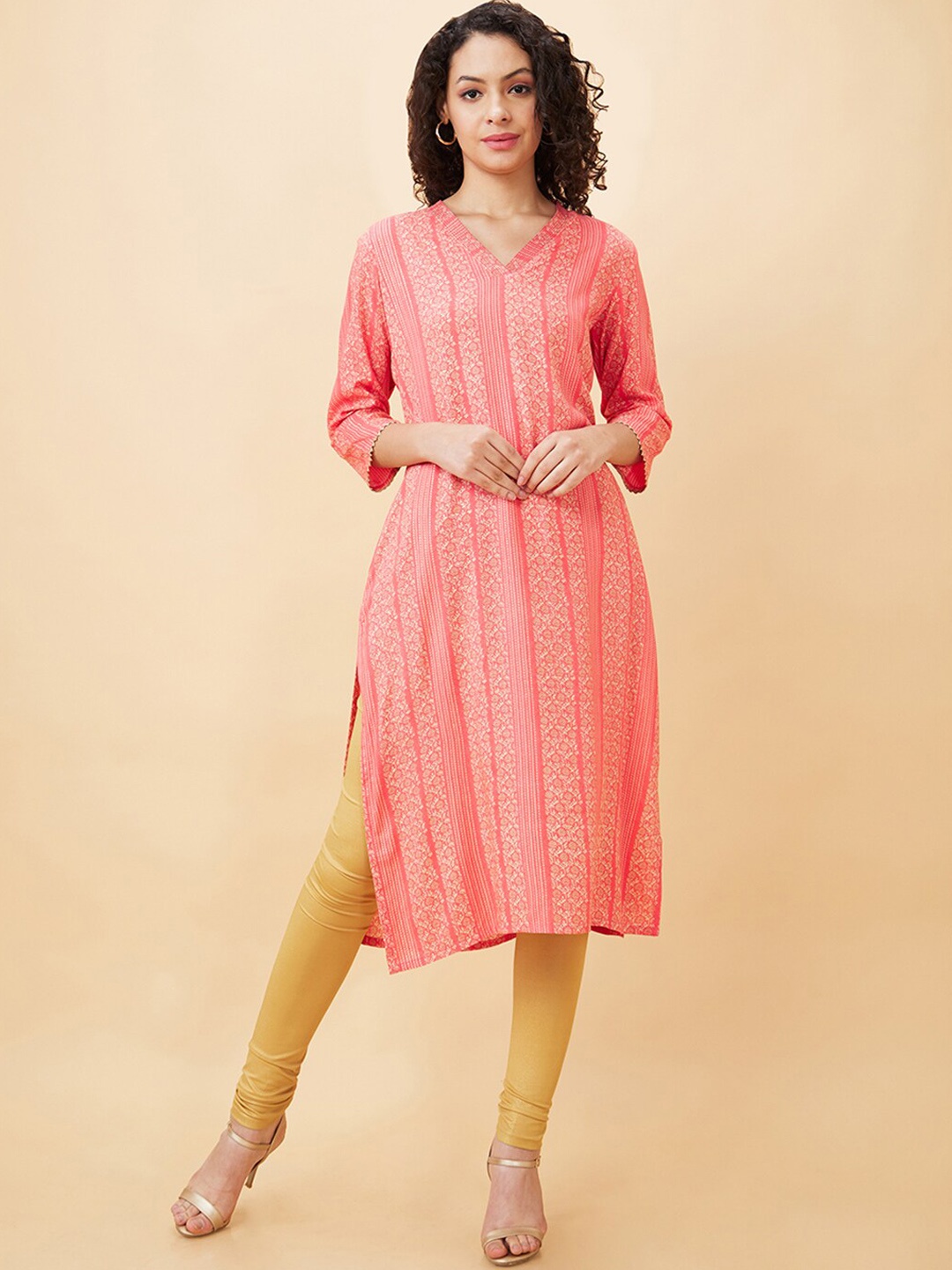 

Globus Floral Printed Gotta Patti V-Neck A-Line Kurta, Coral