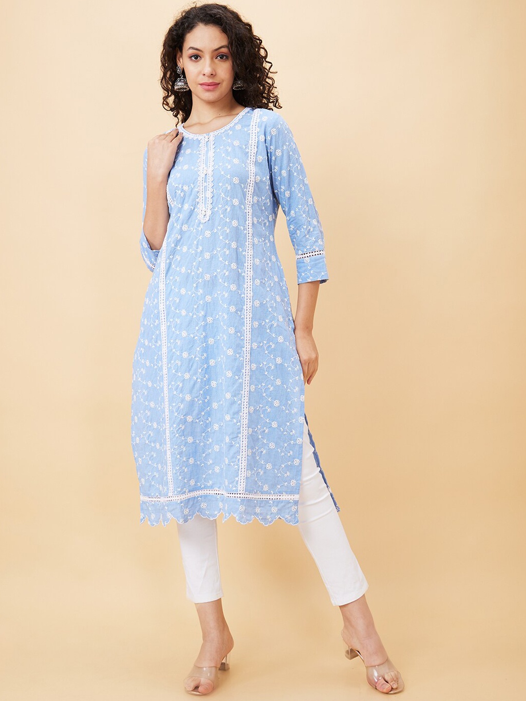 

Globus Floral Embroidered Round Neck Cotton A-Line Kurta, Blue