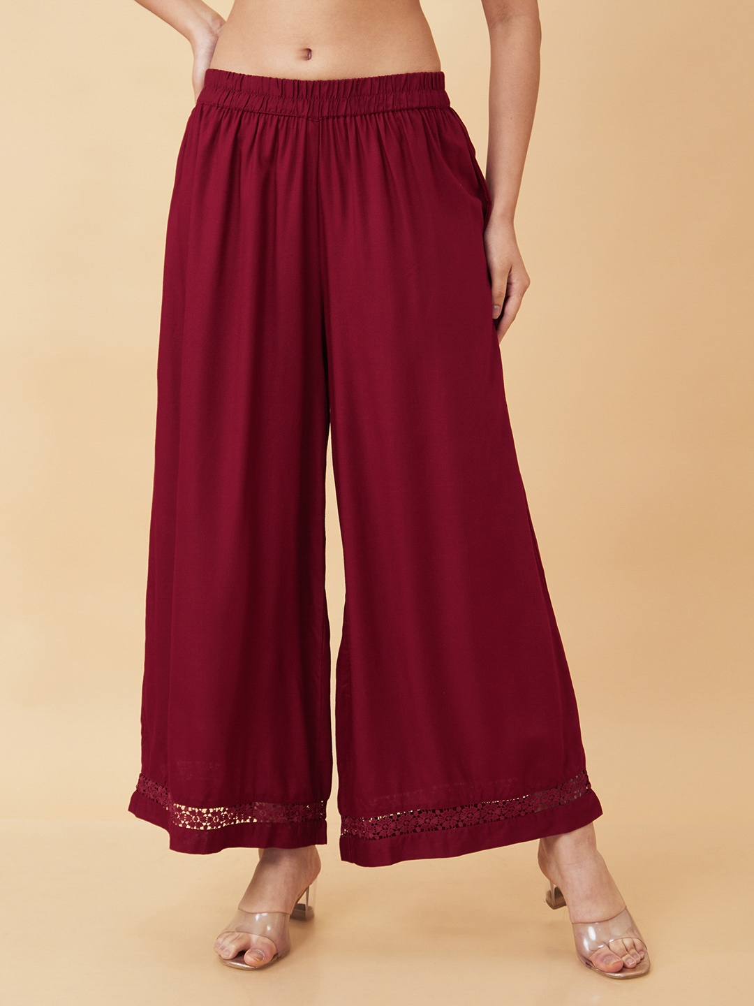 

Globus Floral Lace Wide Leg Ethnic Palazzos, Maroon