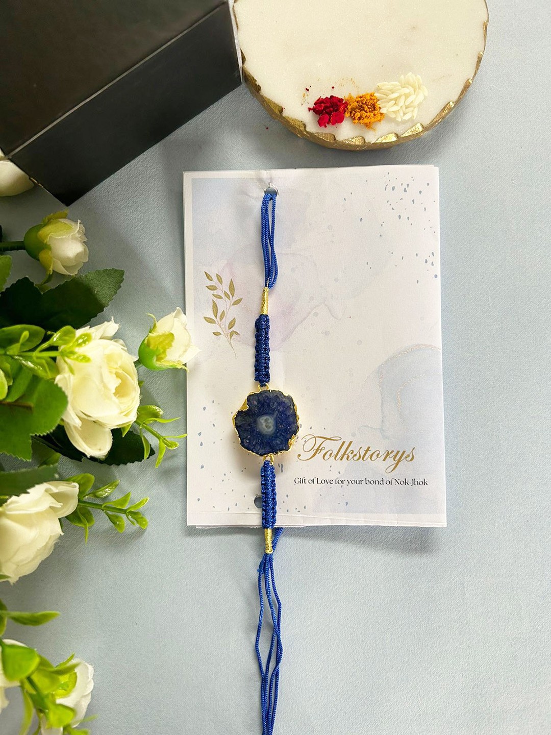 

Folkstorys Unisex Aqua Gemstone Studded Rakhi, Gold