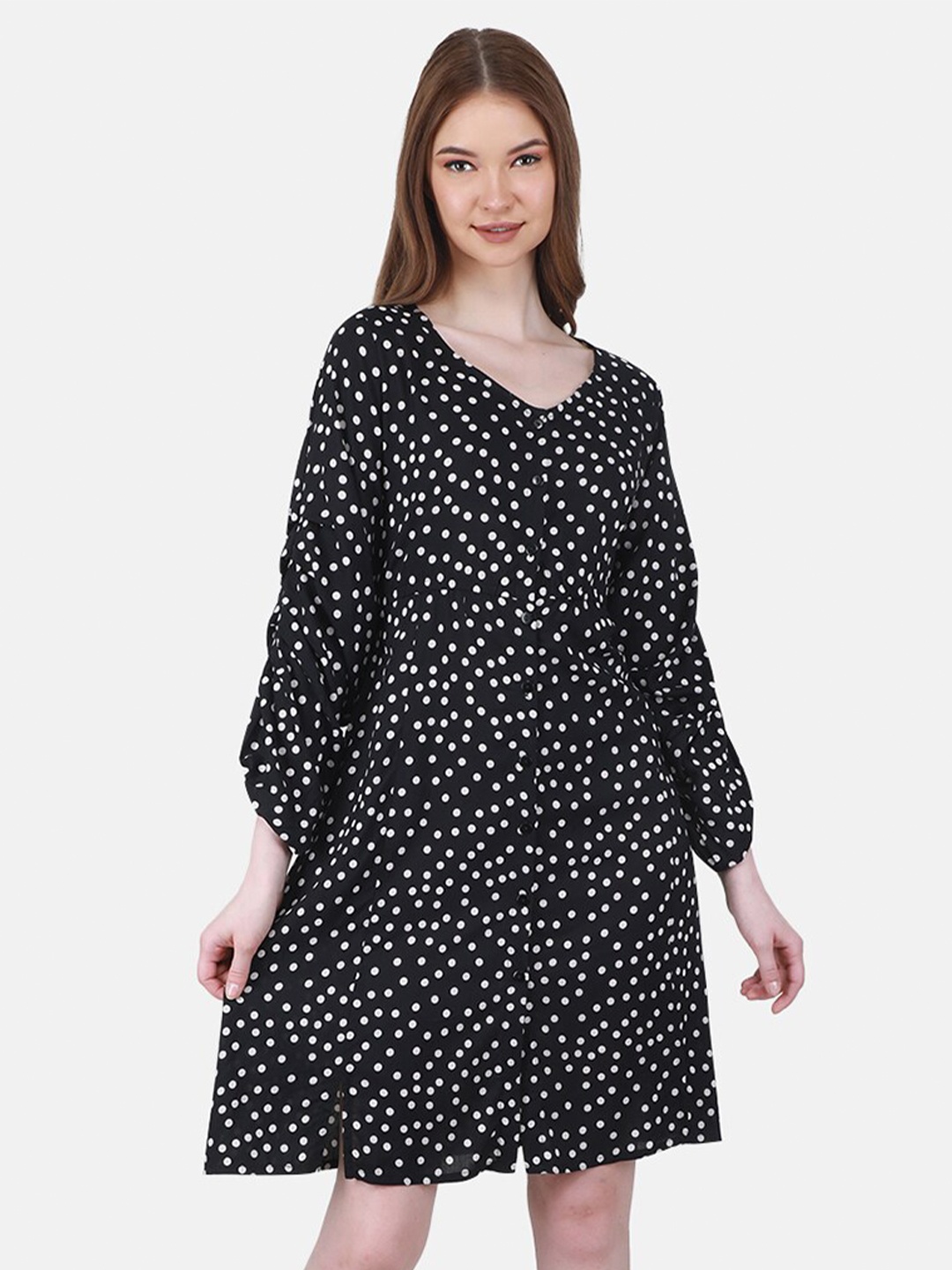 

Duke Polka Dots Printed Puffed Sleeves A-Line Mini Dress, Black