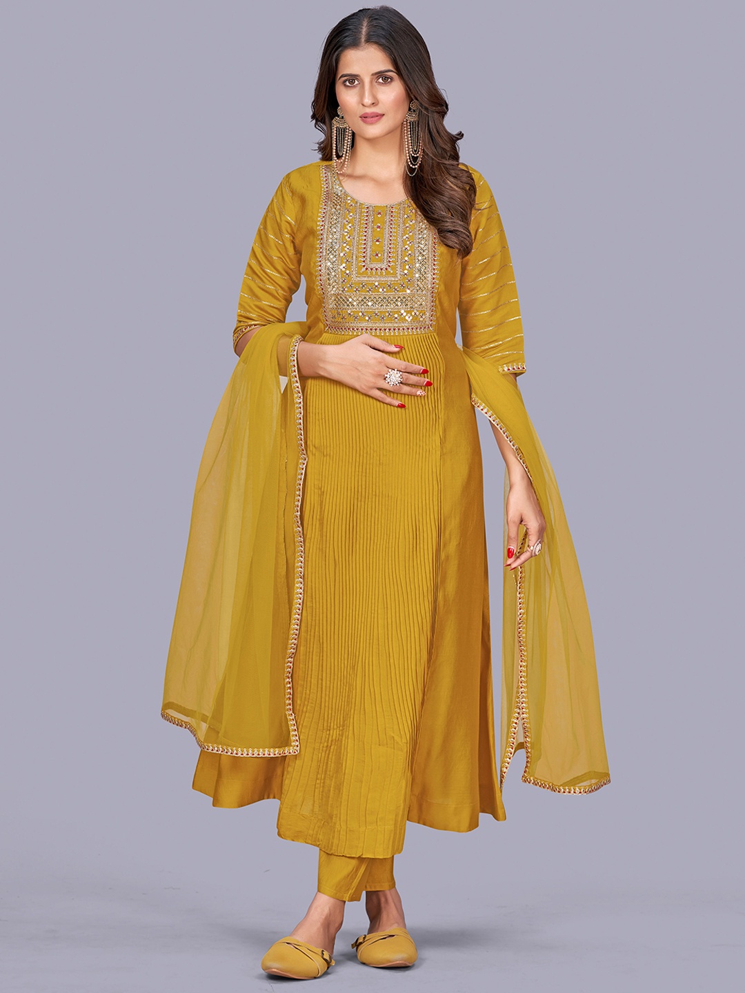 

KALINI Floral Embroidered Chanderi Silk Kurta & Trousers With Dupatta, Yellow
