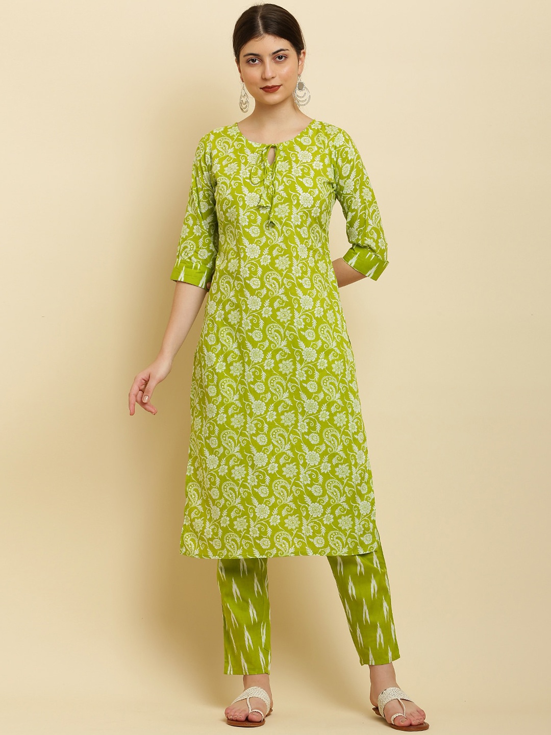 

Waahiba Floral Printed Pure Cotton Kurta with Trousers, Green