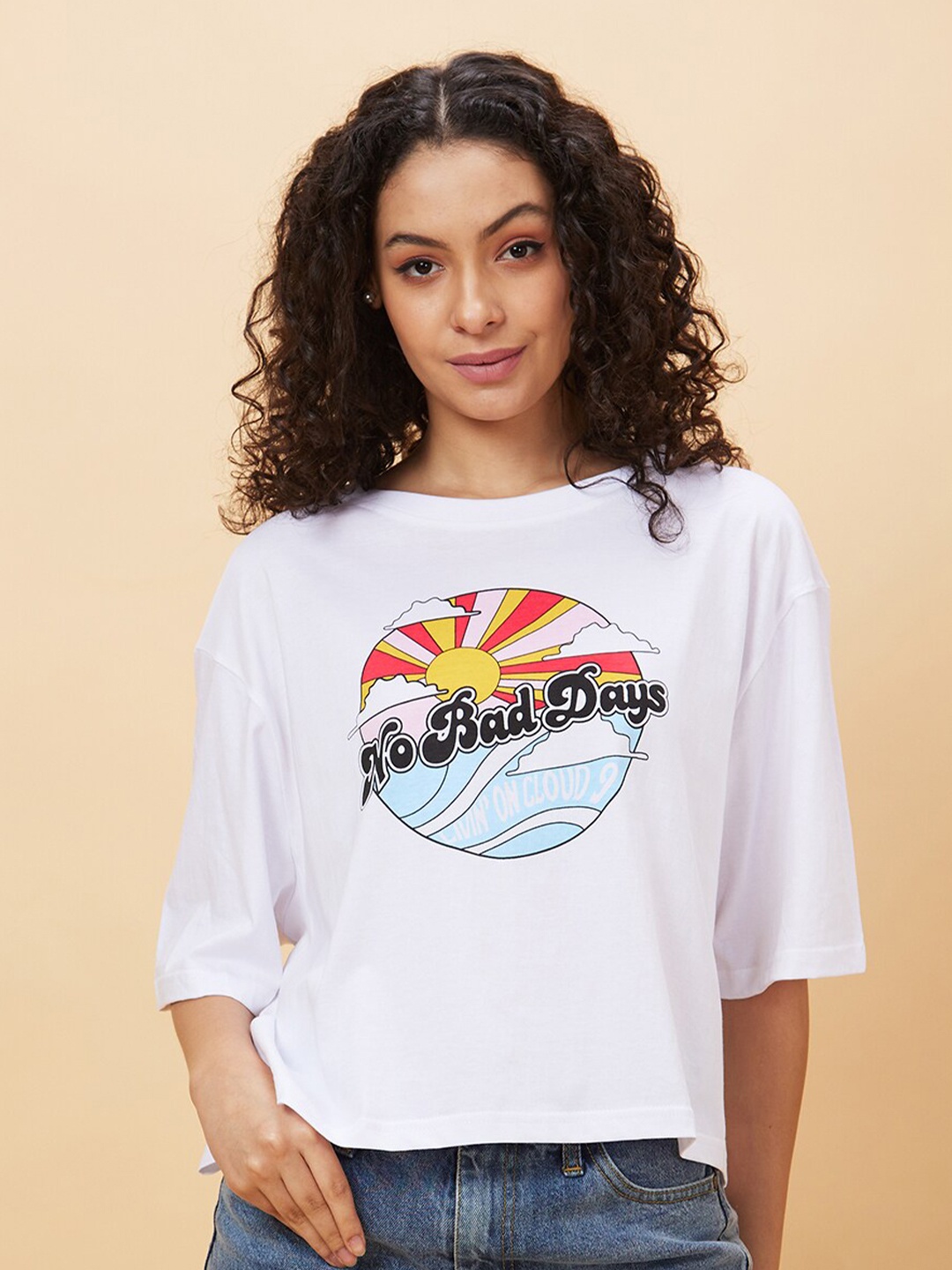 

Globus Typography Printed Drop Shoulder Sleeves Pure Cotton Oversized Crop T-Shirt, White