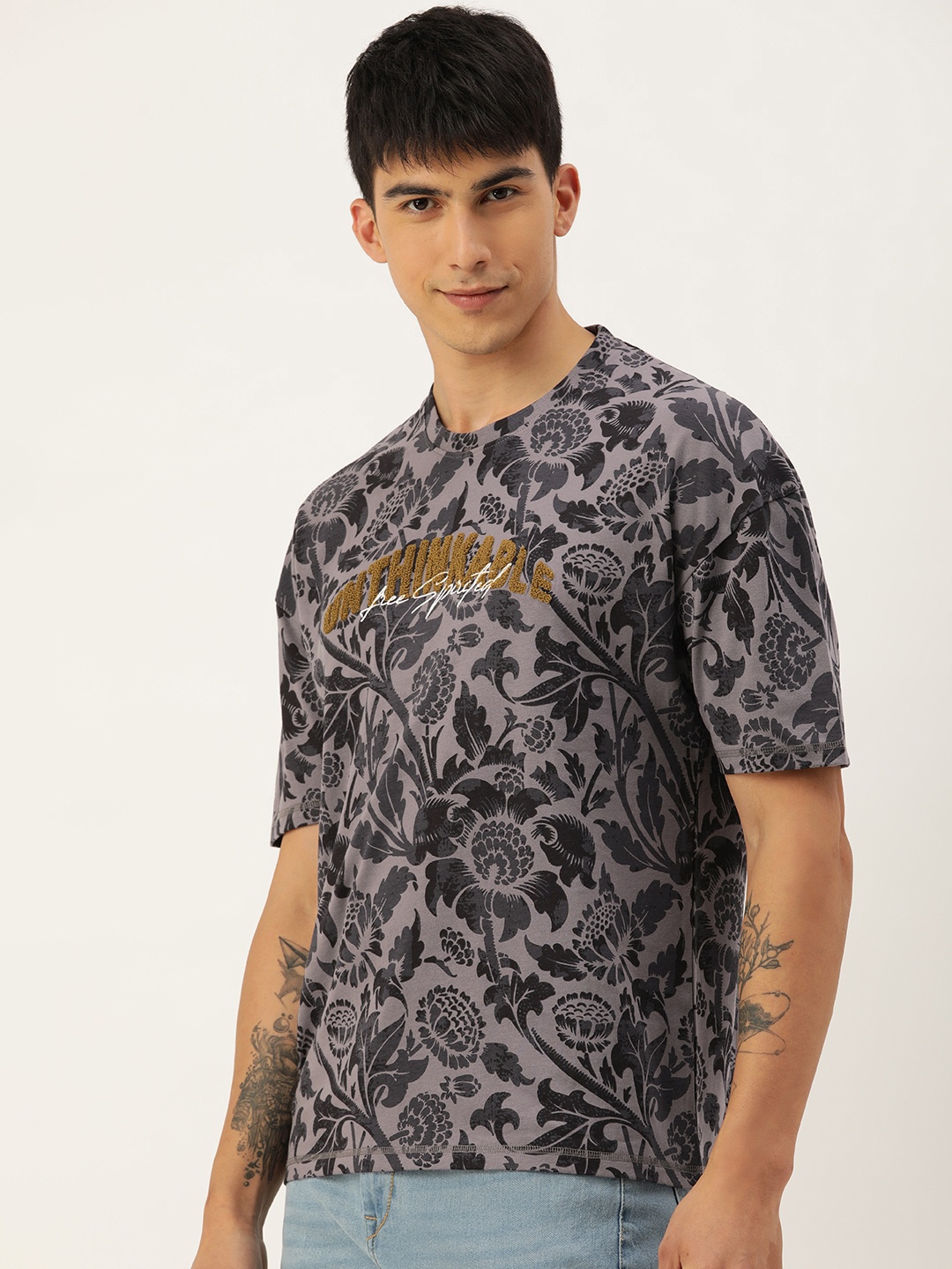 

Kook N Keech Men Floral Printed Regular Fit T-shirt, Charcoal