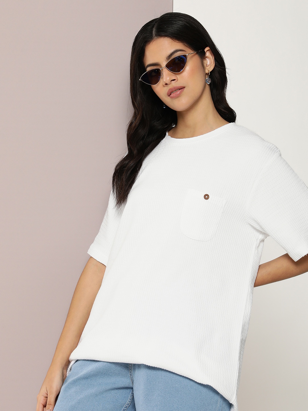 

DILLINGER Women Self Design Oversized T-shirt, White