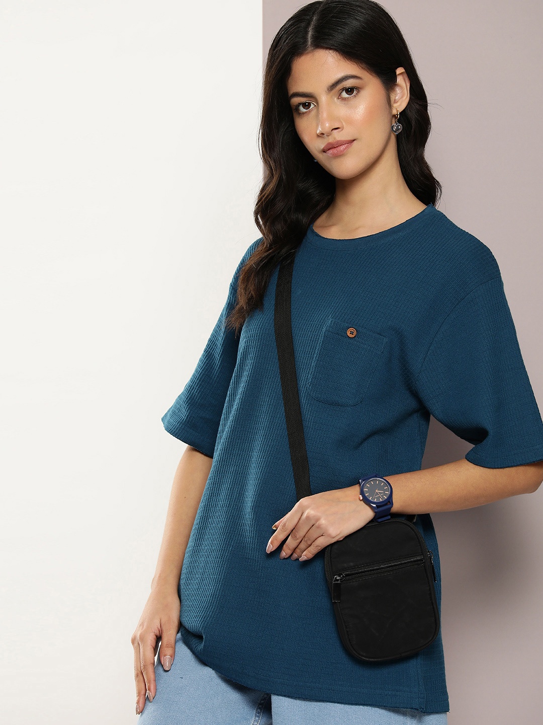 

DILLINGER Women Self Design Oversized T-shirt, Blue