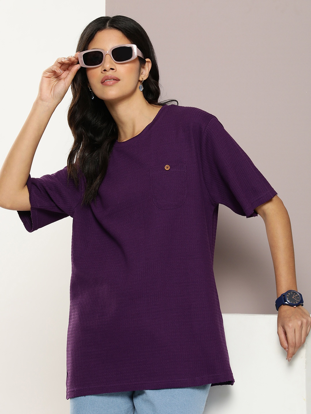 

DILLINGER Women Pure Cotton Pockets T-shirt, Purple