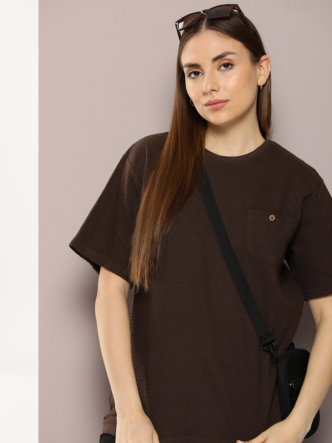 

DILLINGER Women Self Design Oversized T-shirt, Brown