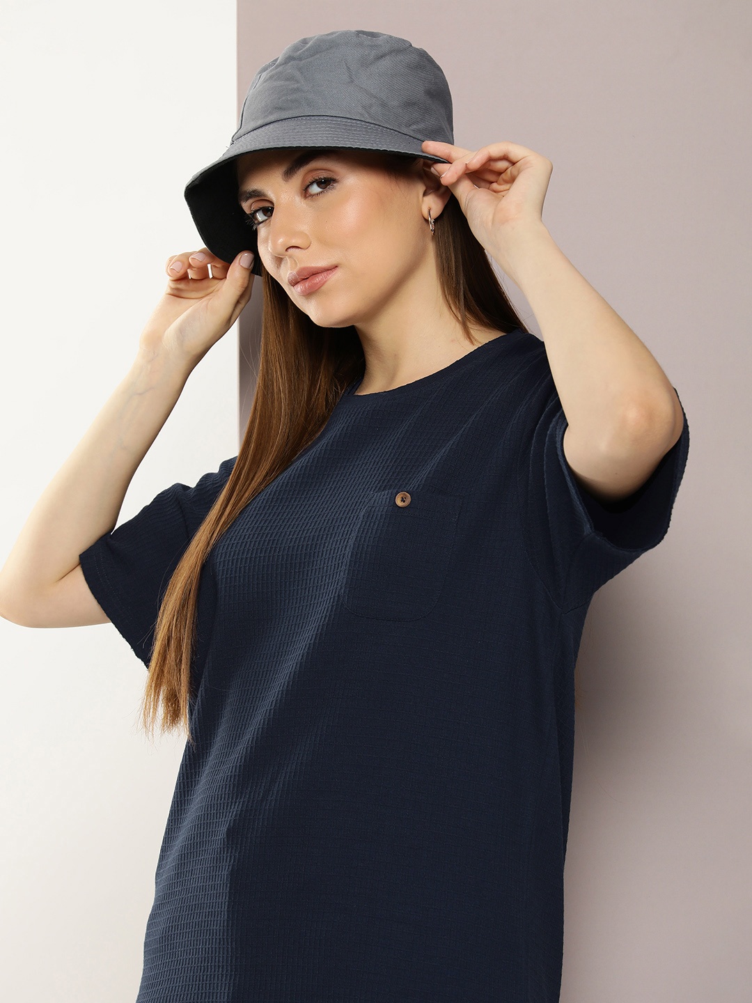 

DILLINGER Women Self Design Oversized T-shirt, Navy blue