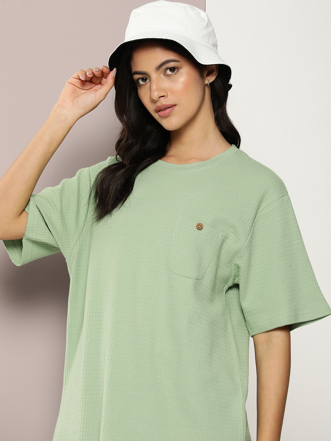 

DILLINGER Women Self Design Oversized T-shirt, Green
