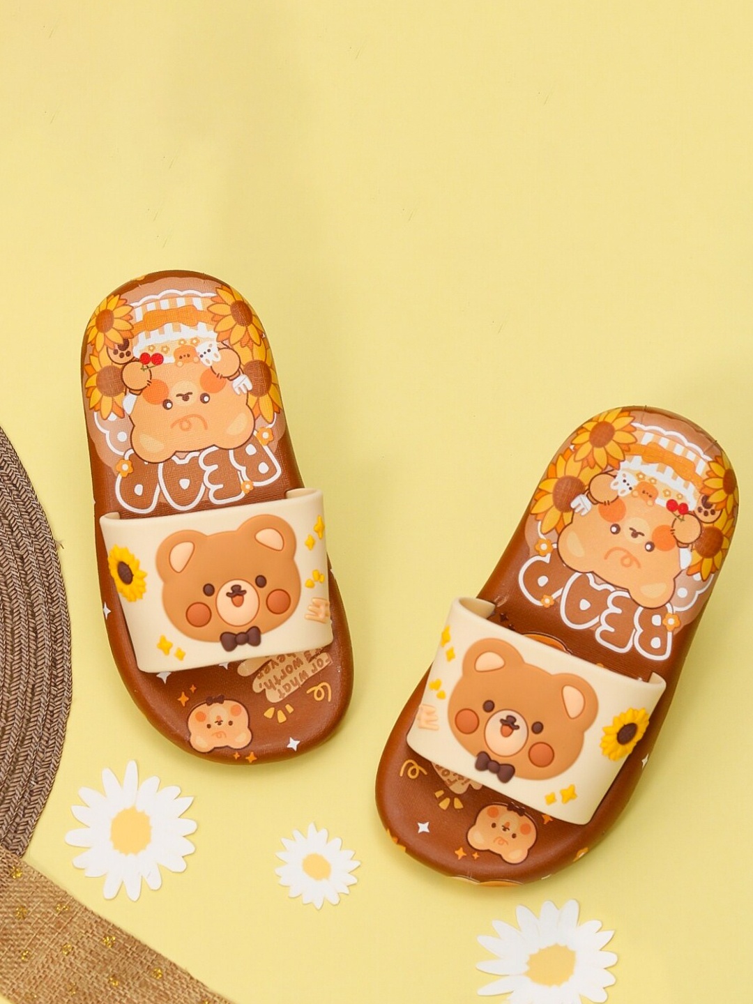 

Yellow Bee Girls Bear And Sunflower Printed Sliders, Brown