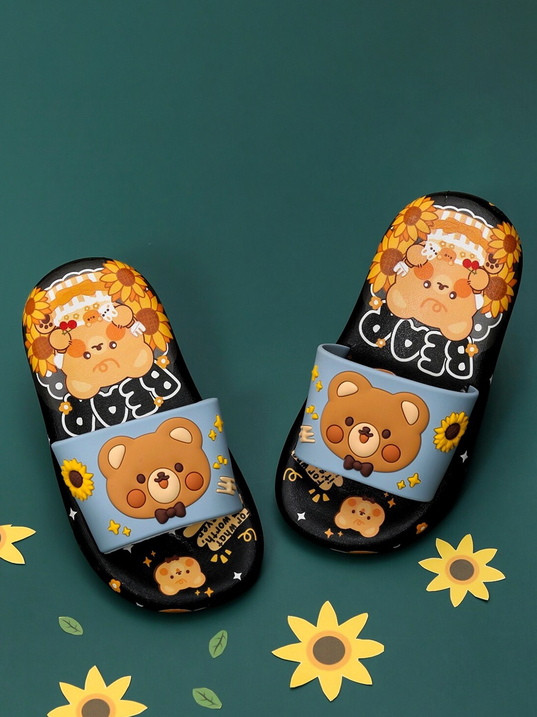 

Yellow Bee Girls Bear and Sunflower Printed Sliders, Black
