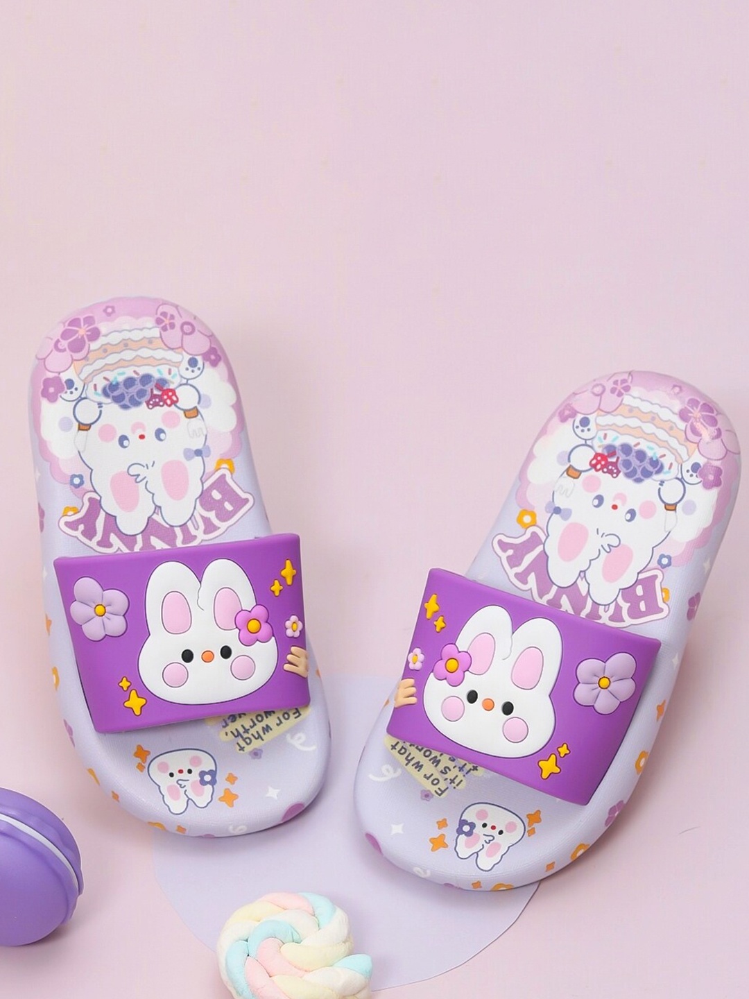 

Yellow Bee Girls Cute Bunny Printed Sliders, Lavender