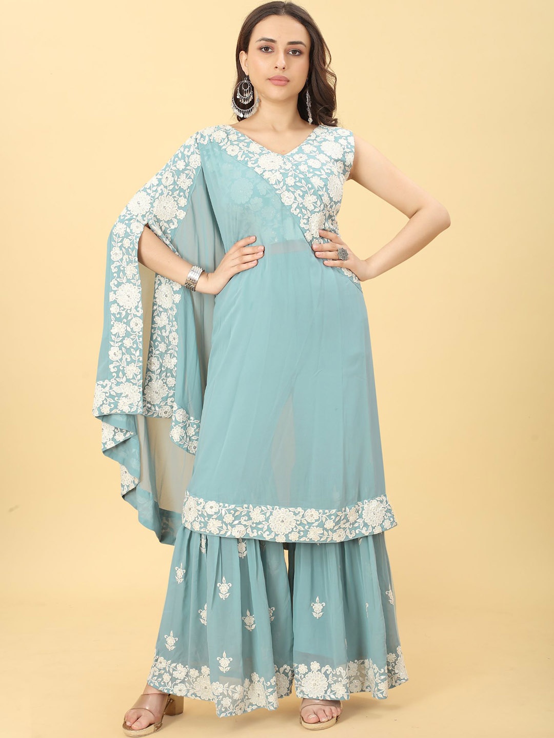 

KALINI Floral Yoke Design Thread Work Kurta With Sharara, Turquoise blue