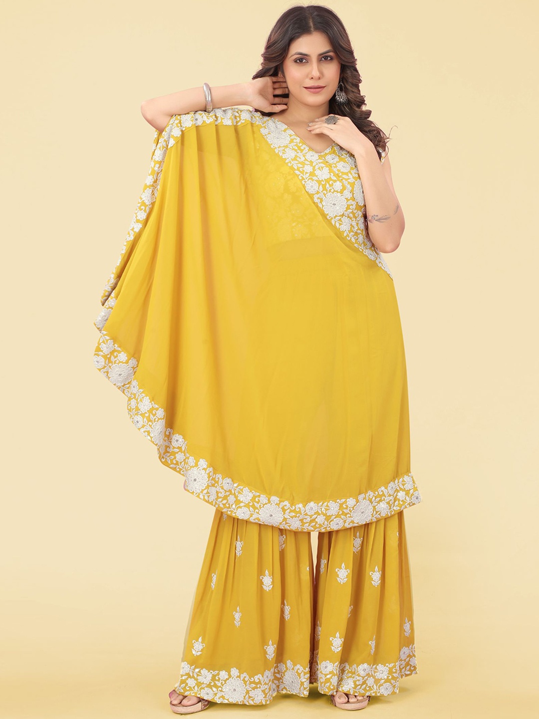 

KALINI Floral Yoke Design Thread Work Kurta With Sharara, Yellow