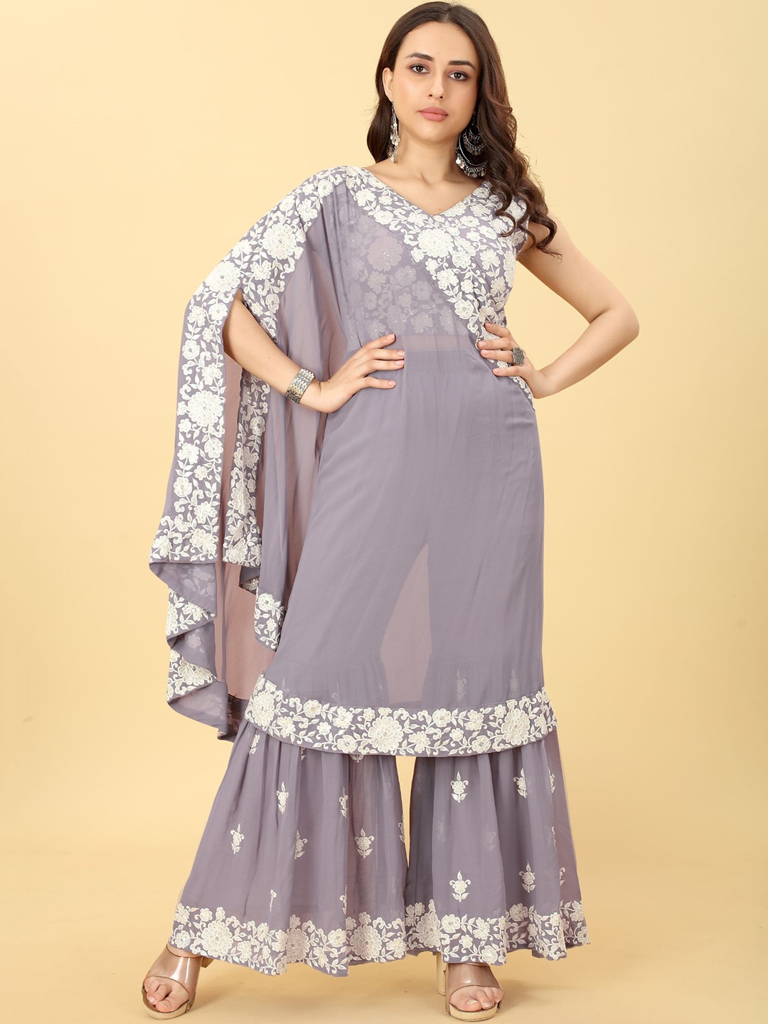 

KALINI Floral Yoke Design Thread Work Kurta With Sharara, Grey