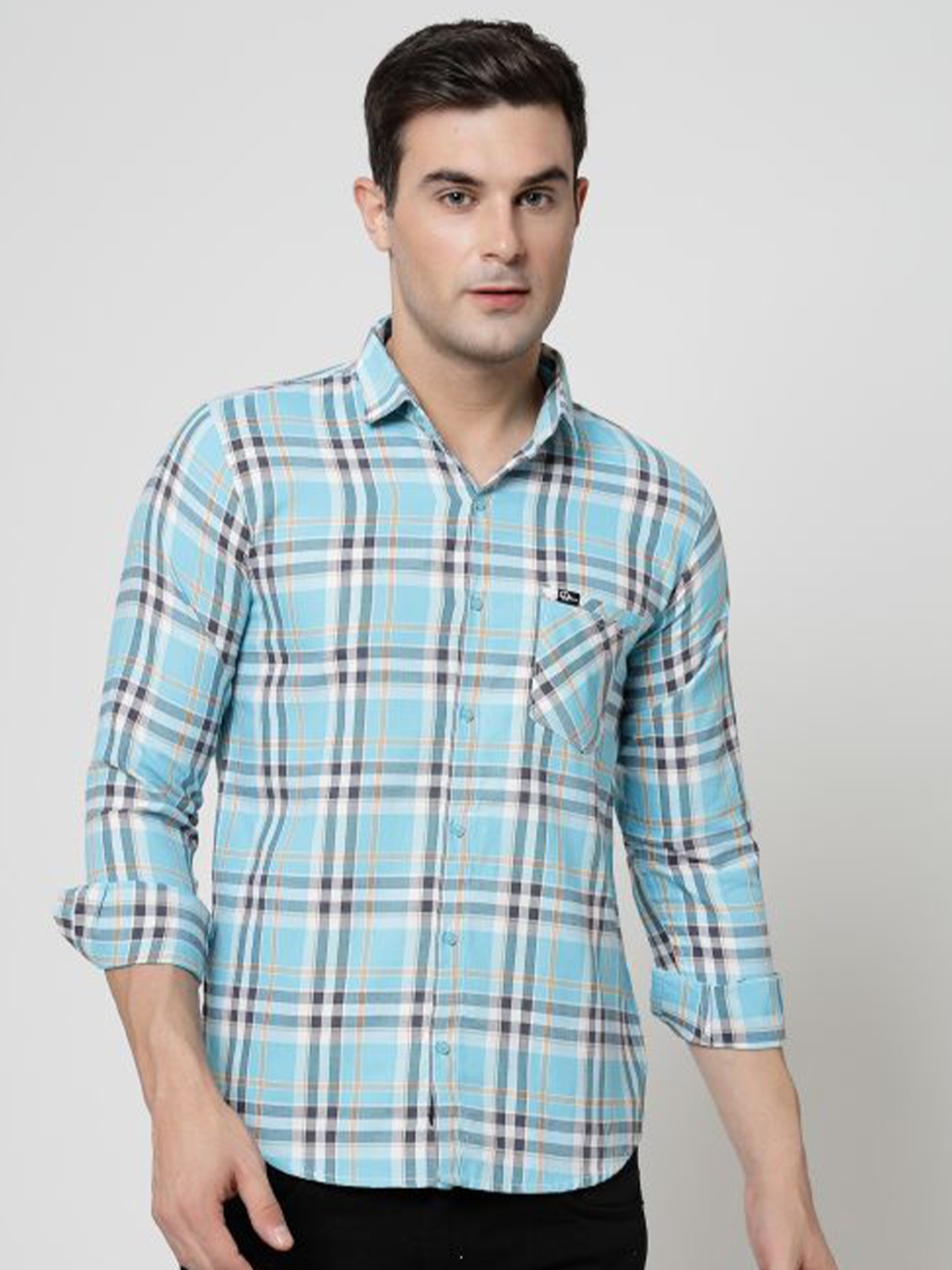 

ADWYN PETER New Tartan Checked Cotton Casual Shirt, Turquoise blue