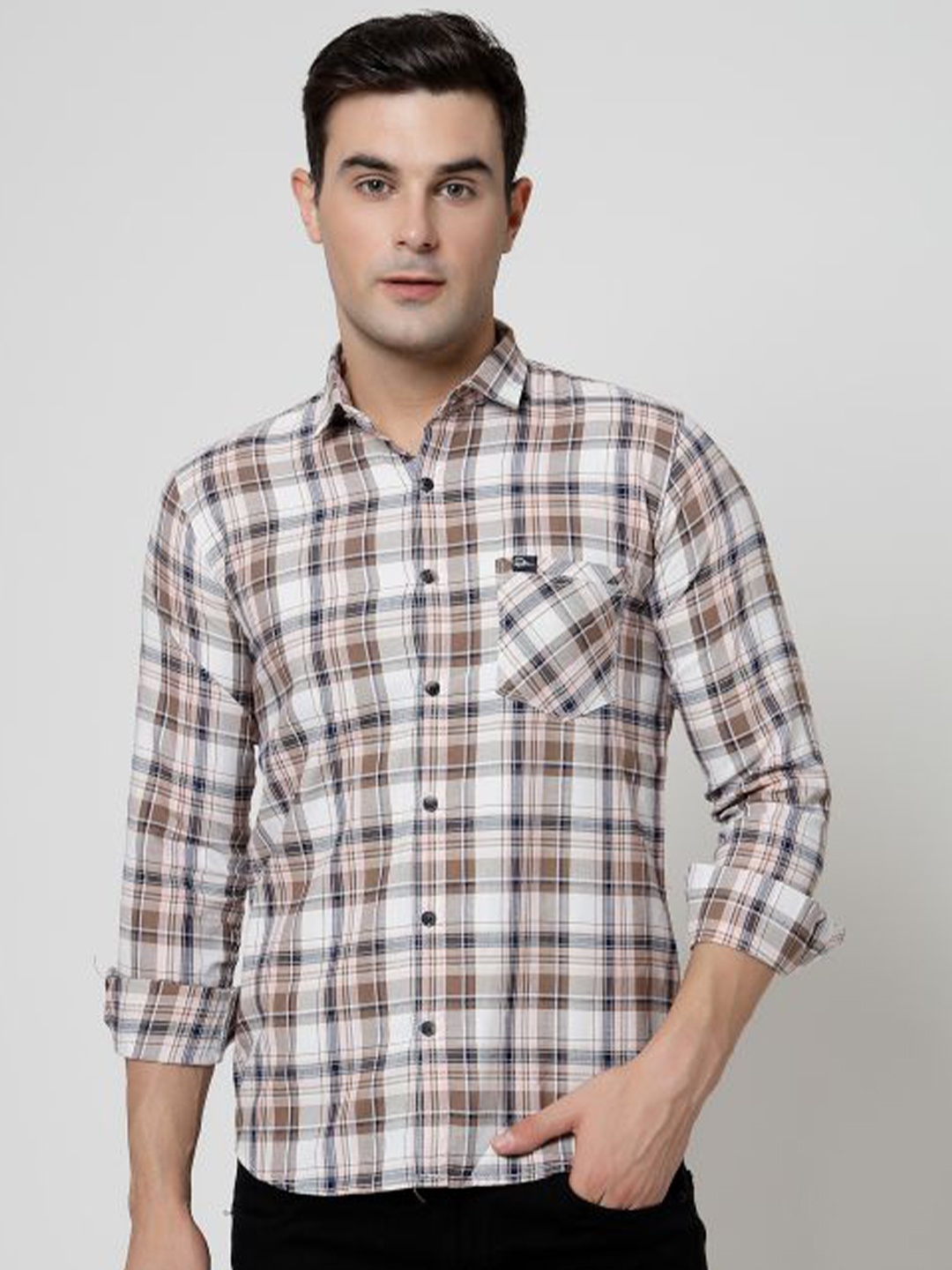 

ADWYN PETER New Tartan Checked Cotton Casual Shirt, Brown