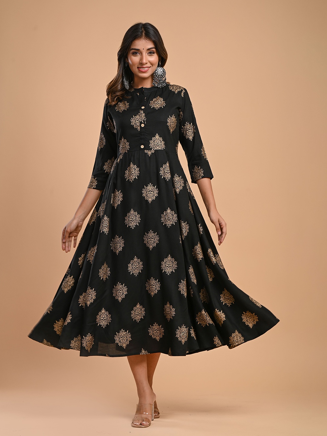 

Aasiya Ethnic Motifs Printed Gathered Or Pleated A-Line Midi Ethnic Dress, Black