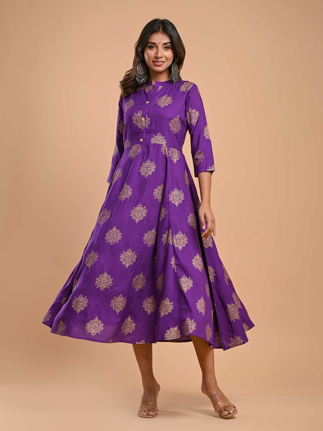 

Aasiya Ethnic Motifs Printed Gathered Or Pleated A-Line Midi Ethnic Dress, Purple