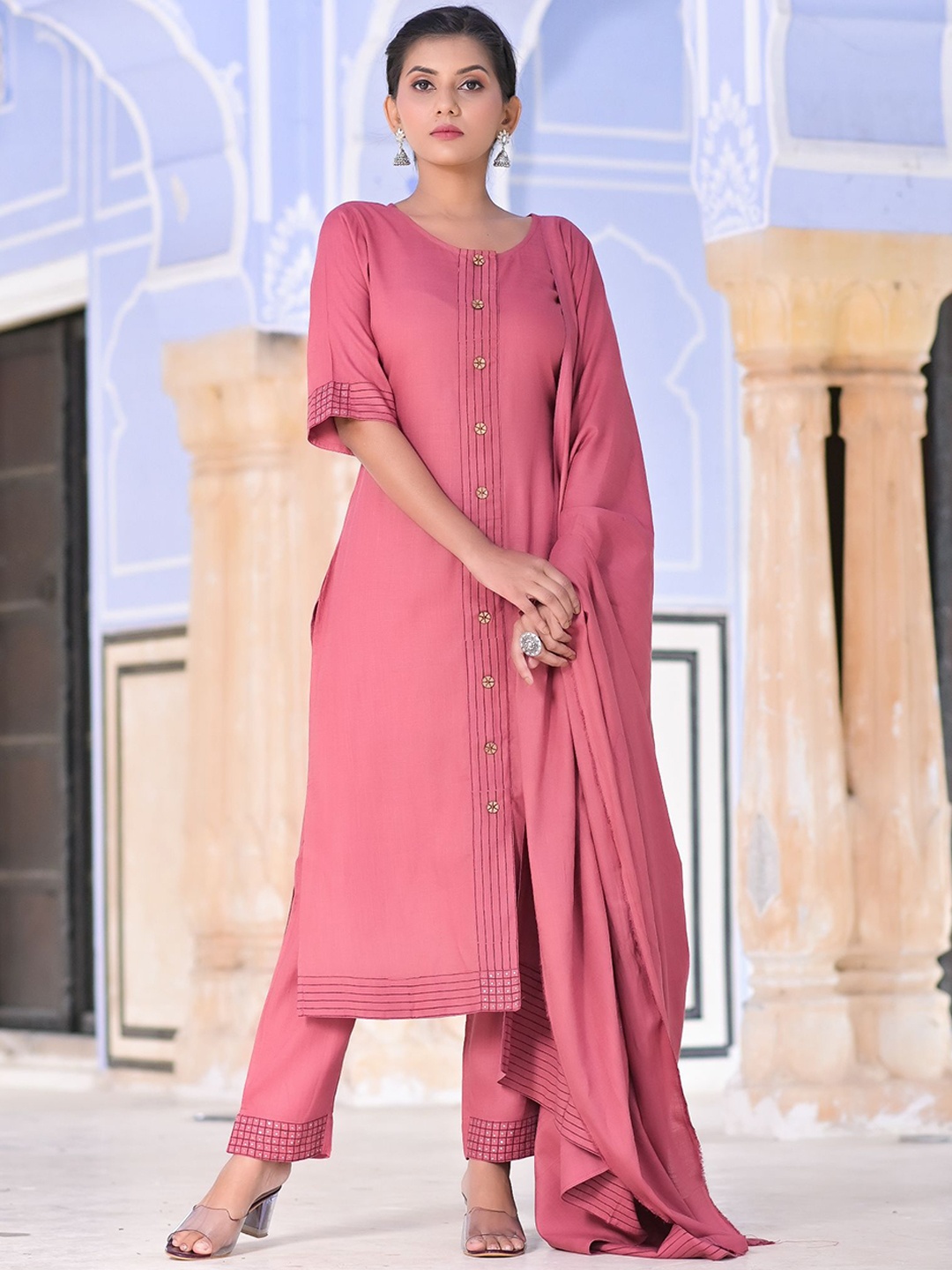 

METRO-FASHION Pure Cotton Kurta with Trousers & Dupatta, Pink
