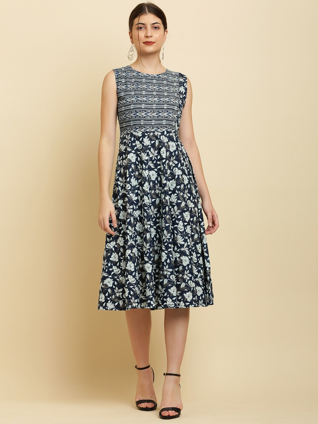 

Waahiba Floral Printed Gathered Or Pleated Cotton Fit & Flare Midi Dress, Navy blue