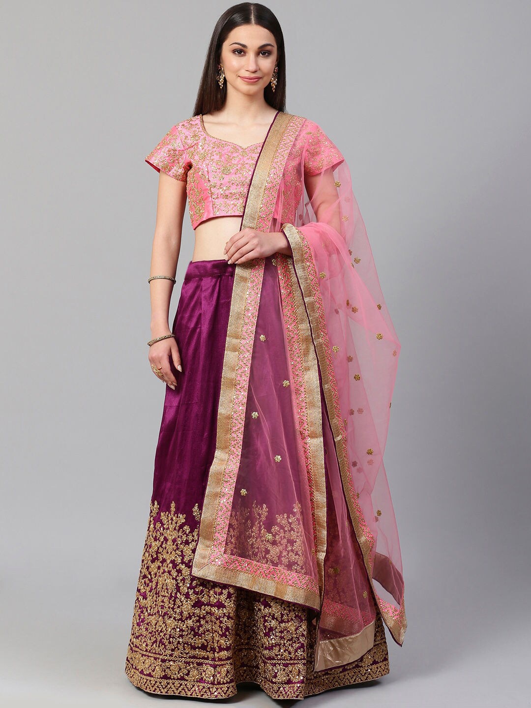 

Zeel Clothing Embroidered Semi-Stitched Lehenga & Unstitched Blouse With Dupatta, Purple