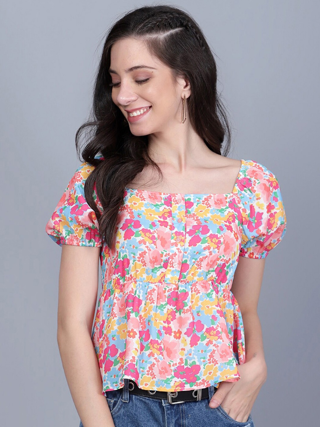 

Mast & Harbour Pink & Blue Floral Printed A-Line Top