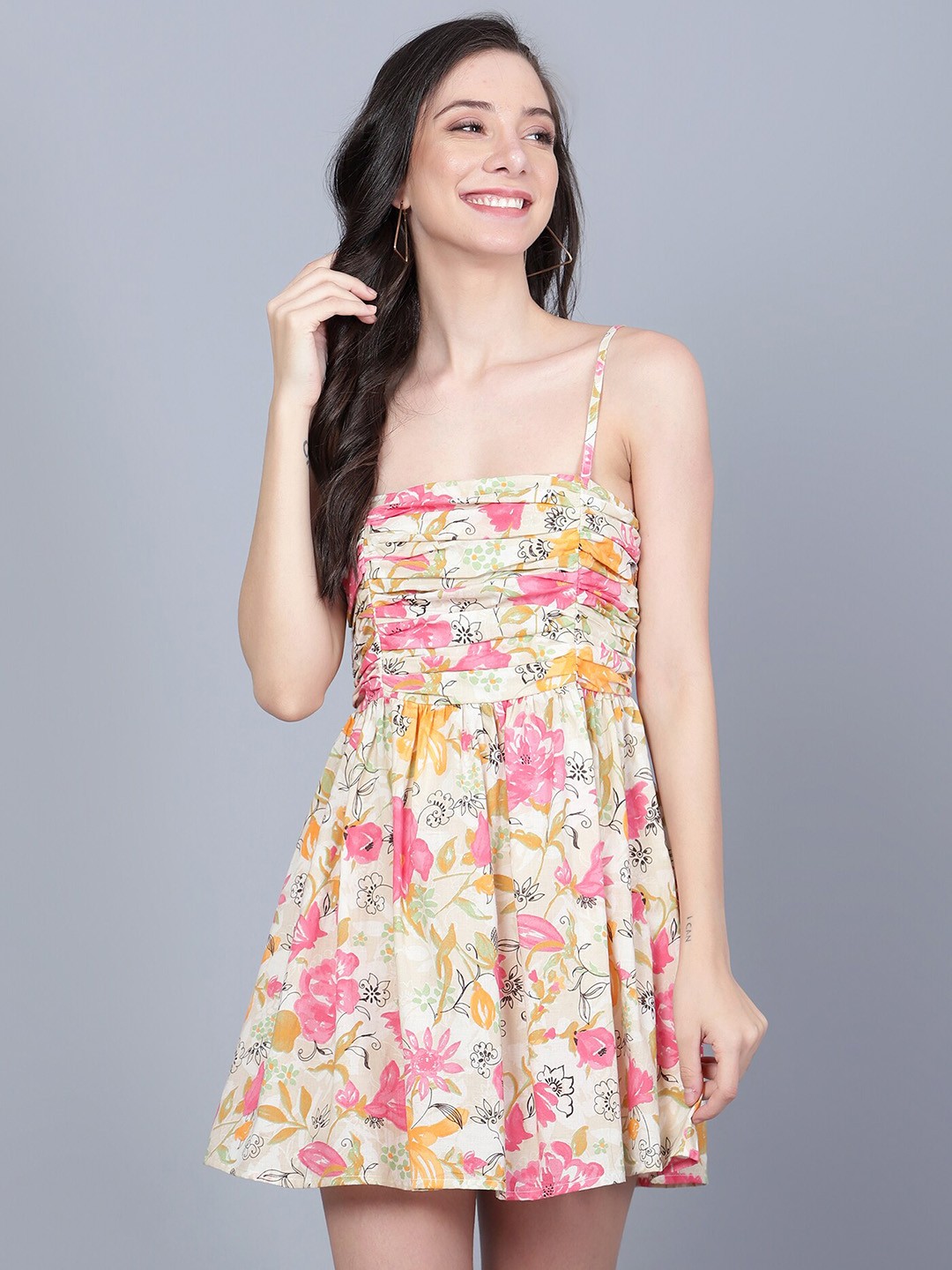 

Mast & Harbour Off White Floral Printed Fit & Flare Pure Cotton Mini Dress