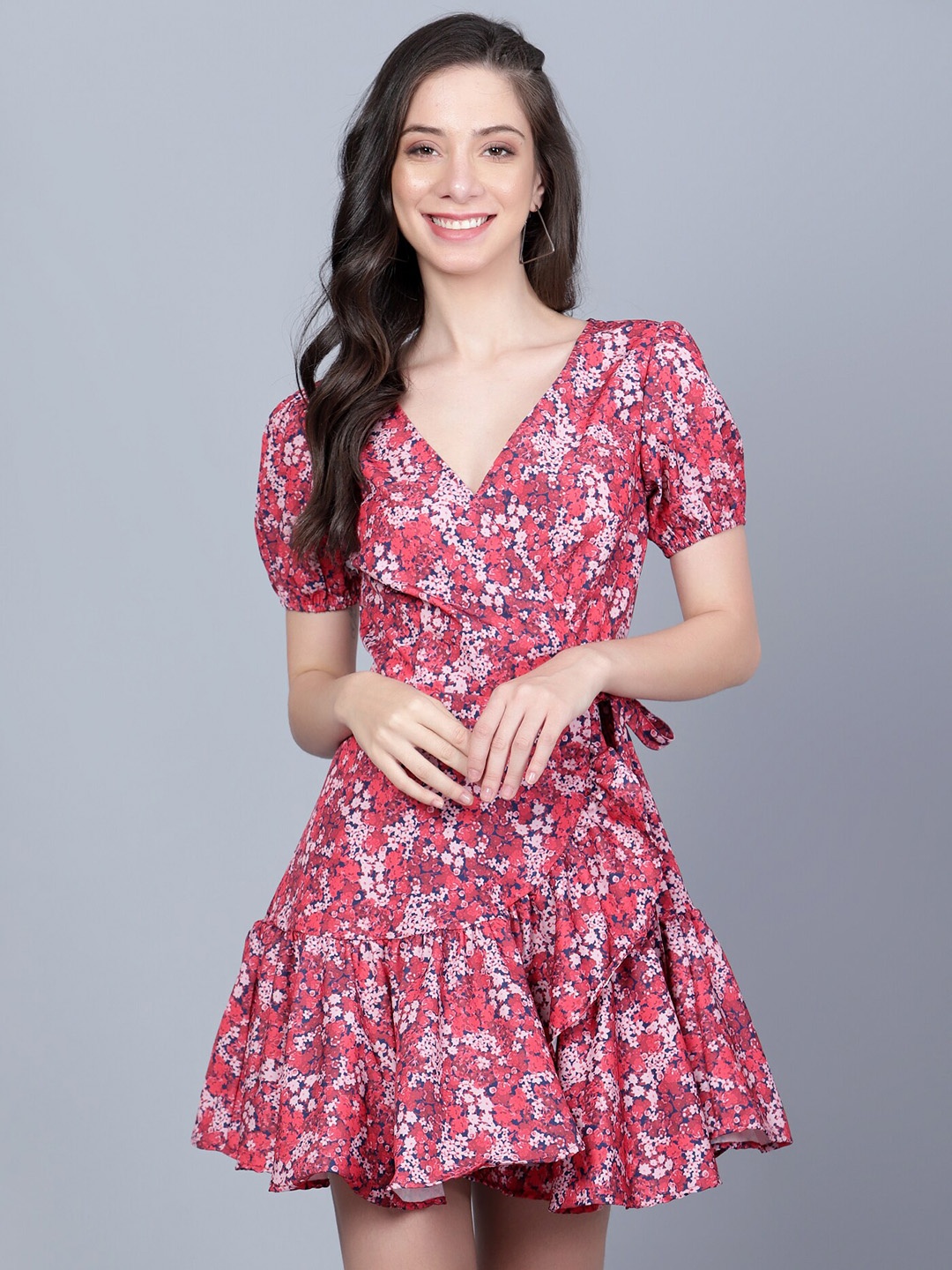 

Mast & Harbour Red Floral Printed Puff Sleeve Fit & Flare Dress