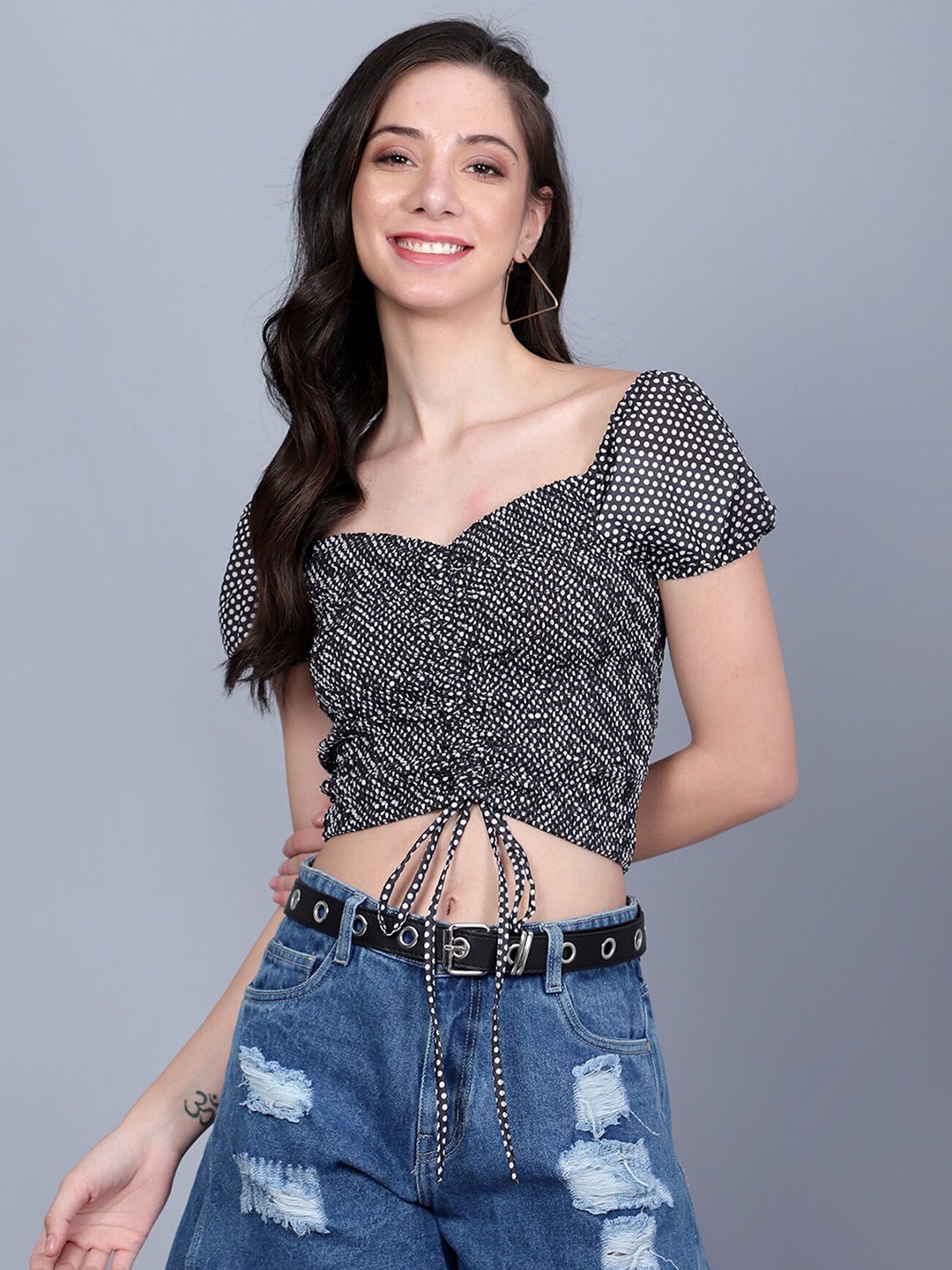 

Mast & Harbour Black Abstract Printed Cinched Waist Crop Top