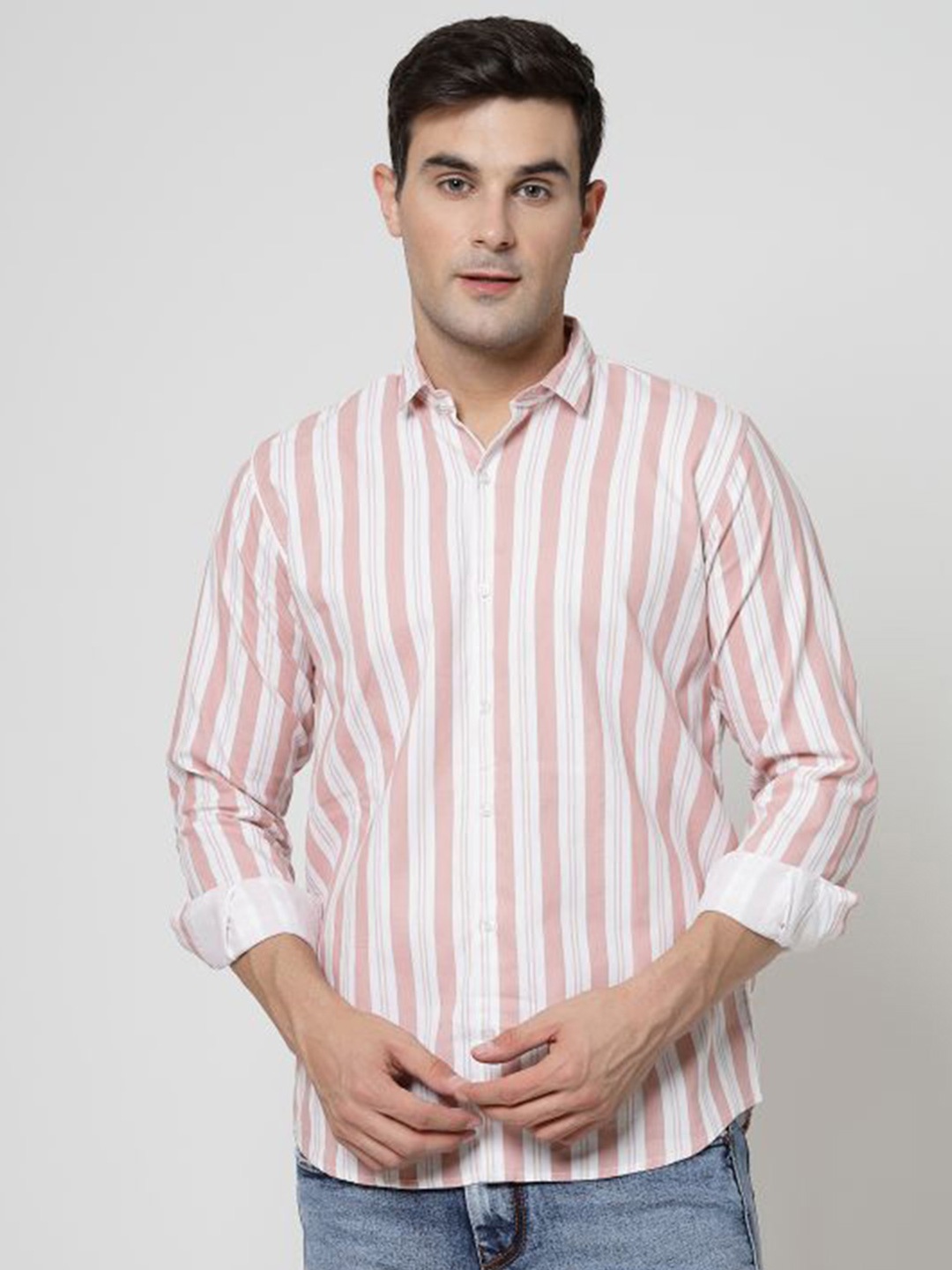 

ADWYN PETER New Vertical Striped Cotton Casual Shirt, Peach
